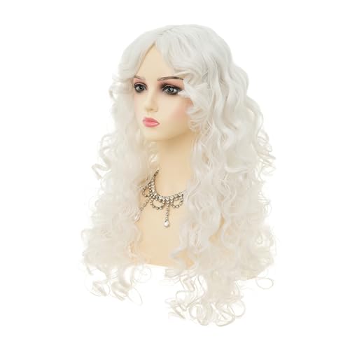 White Long Curly Wigs for Women With bangs Synthetic Queen Princess Middle Part Hair Wig for Cosplay Halloween