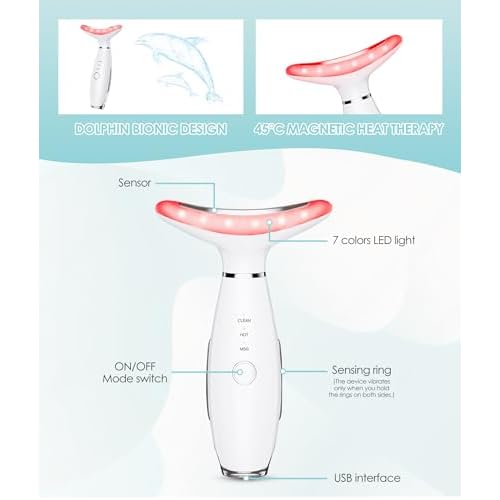 7 Color Neck Face Massager - Facial Massager Tool for Skin Care at Home, Vibrating Face Massager with Thermals, Galvanic Machines White
