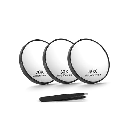 20X/30X/40X Magnifying Mirror with Suction Cups and Tweezers Set, 3.5 inches Travel Magnified Makeup Mirror, Black, 3PCS