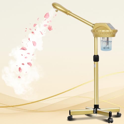 Facial Steamer Professional with More Steam for Deep Cleansing and Hydration, Estheticians Steamer on Wheels with Time Setting, Face Steamer Adjustable Height for Beauty, Spa and Home Use£¨Golden£©