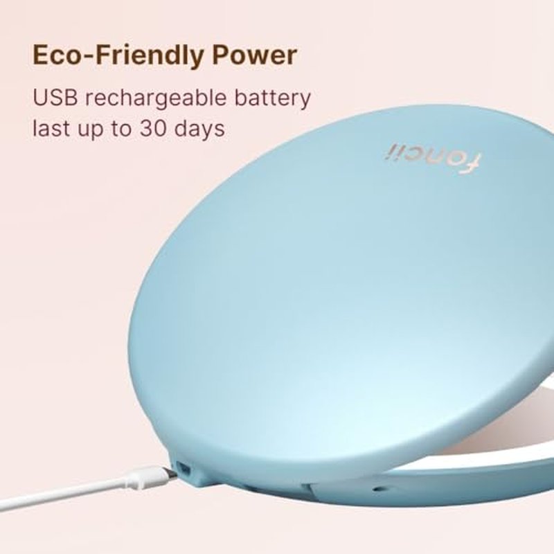 Fancii Taylor Rechargeable Compact Makeup Mirror with LED Lights, 10x /1x Magnifying, 3 Light Settings, Large 5¡± Wide | Travel Mirror for Purses (Soft Sky)
