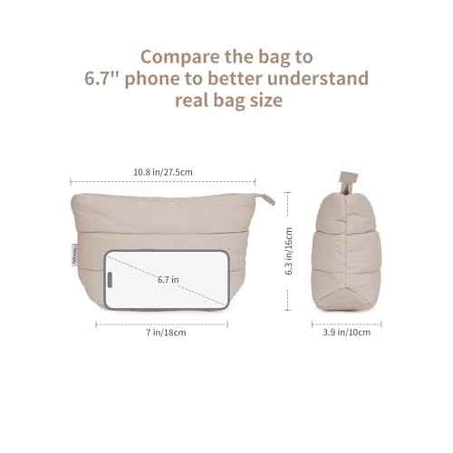 Narwey Small Makeup Bag for Travel Women Girl, Puffer Cosmetic Bag Makeup Pouch for Purse with Zipper, Cute Puffy Make Up Organizer Bags, Travel Toiletry Bag Toiletries (Khaki)