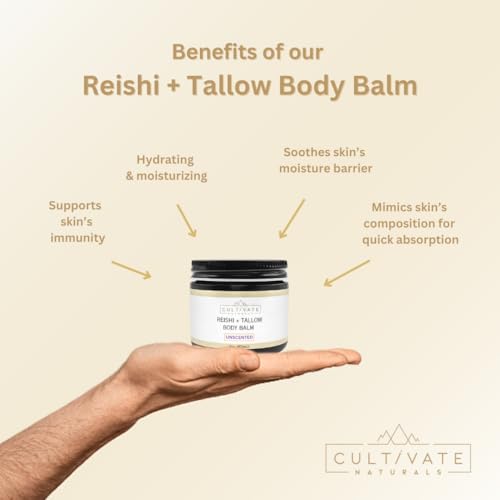Reishi Tallow Body Balm - Unscented (2 oz) | Grass Fed Beef Tallow - Non-toxic, Paleo Friendly Skincare | Infused with Reishi Spore Extract | Moisturizing & Hydrating for Sensitive Skin