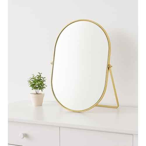 Feyarl Champagne Gold Oval Vanity Mirror 12x8 Inch Vertical Tabletop Makeup Mirror Decorative Standing Cosmetic Mirror for Bedroom Bathroom Desk Dresser