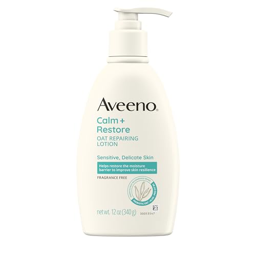 Aveeno Calm + Restore Oat Repairing Body Lotion for Sensitive Skin, Daily Moisturizer with Prebiotic Oat, Aloe & Pro-Vitamin B5, Fragrance Free Body Lotion Helps Heal Dry Skin, 12 oz