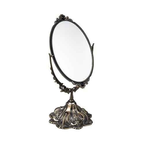 Feyarl Small Metal Vintage Makeup Mirror Floral Tabletop Oval Vanity Swivel Double Sided Mirror with Stand Elegant Decorative for Dressing Room Bedroom (Bronze)