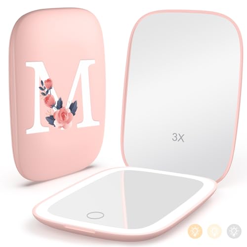 Personalized Gifts for Women Girls, Rechargeable Travel Mirror with 3 Color Lights and Auto-Off Feature, 1X/3X Mini Led Compact Makeup Mirror for Purse, Stocking Stuffers for Girls Women-Letter M