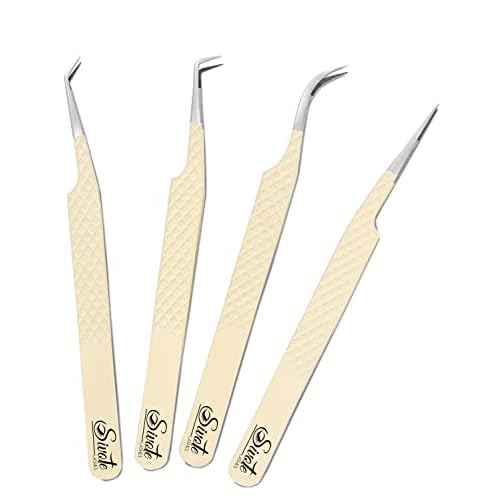 SIVOTE Fiber Tips Lash Tweezers for Eyelash Extensions, Set of 4, Curved, Dolphin, 90 Degree & 45 Degree Tweezer, Vanilla