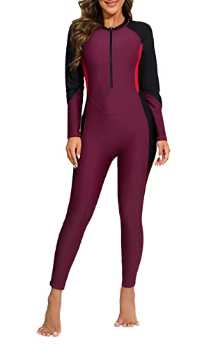 Halcurt Women's Long Sleeve Swimsuit Body Suit Sun Protection One Piece Rash Guard Burgundy XL