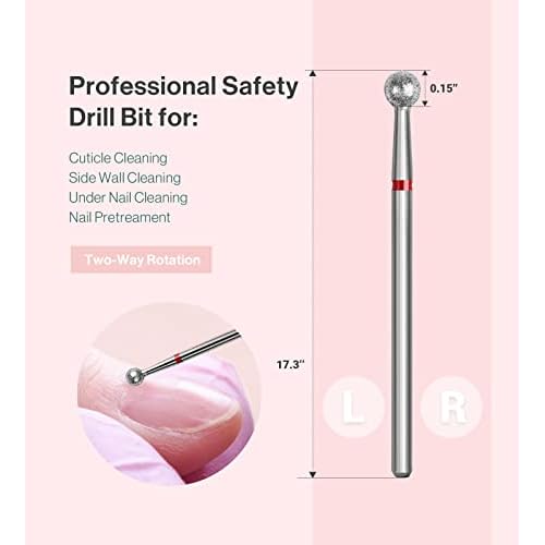 MelodySusie Ball Shape Cuticle Clean Nail Drill Bit 3/32'', Professional Safety Carbide Diamond Nail Bit Nail Cleaner for Cuticle Dead Skin Nail Prepare, Two Way Rotate, Manicure Nail Salon Supplies