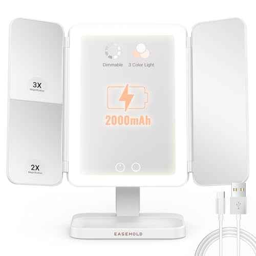 EASEHOLD Lighted Makeup Mirror, Rechargable Vanity Mirror with Magnification, 2X 3X, Trifold Makeup Mirror with Touch Control, 3 Color Dimmable LED Lights, Portable Make up Mirror, Gifts for Women