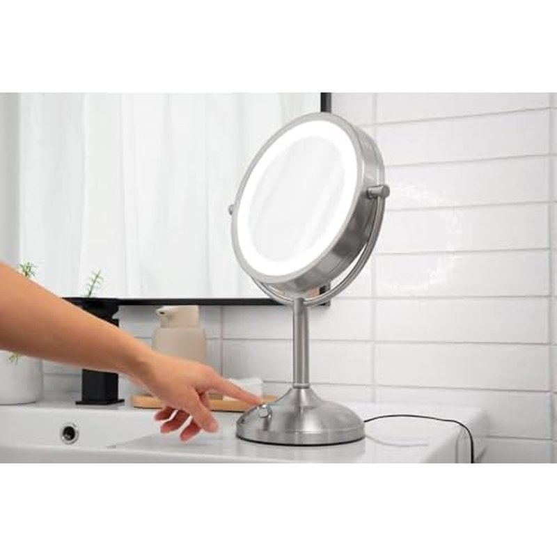 JERDON Lighted Tabletop Mirror with 10X/1X Magnification - LED Lighted Makeup Mirror with Multiple Light Settings in Nickel Finish - 8.5-Inch Diameter Vanity Mirror - Model JS8510BN