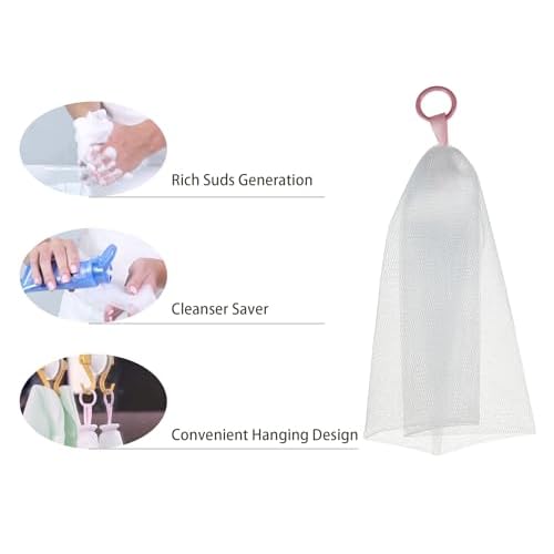 5 counts Reusable Foaming Net for Face Wash, Creates Rich Lather, Cleanser Saver Mesh, Gentle Face Cleansing Skincare Tool, Hangable, Durable Multi-Layer Mesh