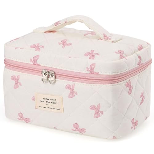 Large Travel Quilted Makeup Bag£¬Cute Bow Cotton cosmetic bag, Fashionable aesthetic makeup bag,Coquette Aesthetic Floral Travel Toiletry Bag for Women and Girls