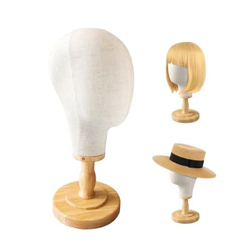 CHADWICK Wig Head Stand Mannequin Head Hat Display Stand Linen Wig Holder, Hat Rack Fabric Head, Canvas Dome + Detachable Wood Stand, Wig Display Model Head Wig Stand for Wigs, Hats, Caps, Headdress