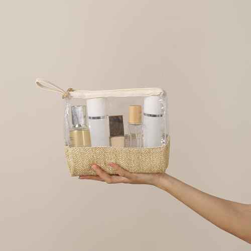 Boho Small Clear PVC Waterproof Makeup Bag with handle, Transparent Zipper Cosmetic Bag for Travel, Beach Bag for Sun screen Skincare (02 Beige-1)
