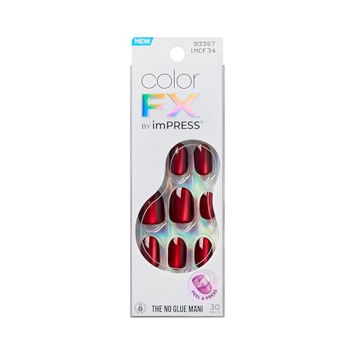 KISS imPRESS No Glue Mani Press On Nails, Color FX, 'Hidden Gem', Red, Short Size, Oval Shape, Includes 30 Nails, Prep Pad, Instructions Sheet, 1 Manicure Stick, 1 Mini File