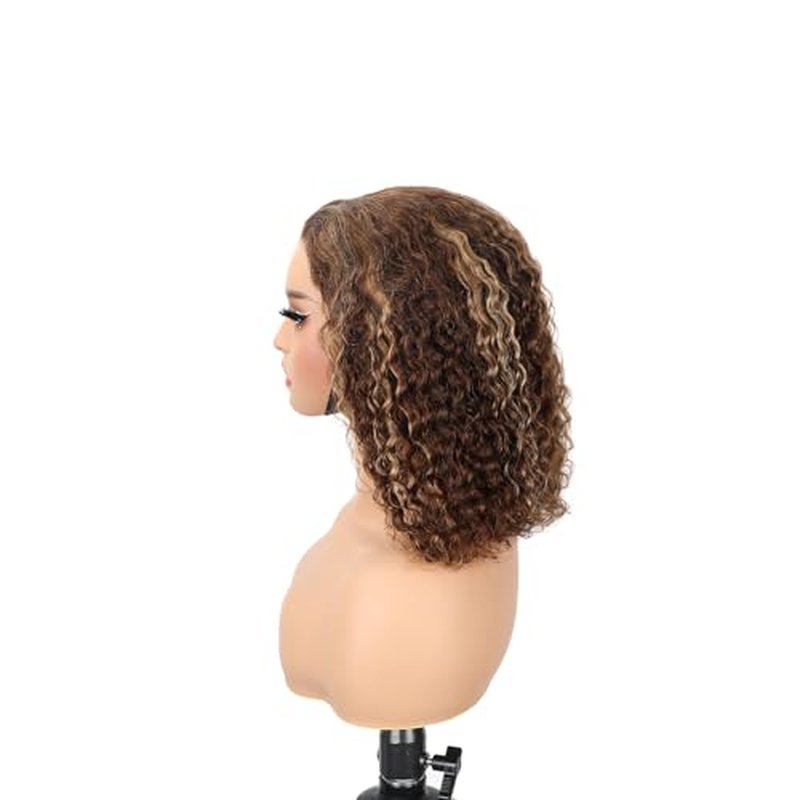ISEE Wear and Go Glueless Wigs Bob Water Wave Human Hair Pre Plucked Pre Cut Ombre Highlight Bob Wig Human Hair for Women 180% Density Transparent Lace Front Wigs Ready to Wear for Beginners 14 Inch