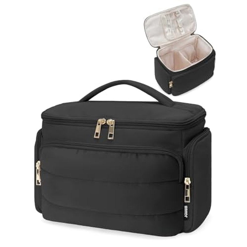 WANDF Travel Toiletry Bag for Women, Wide-open Large Makeup Bag with Handle, Puffy Makeup Organizer for Toiletries, Cosmetics, Accessories, Essentials (Black)