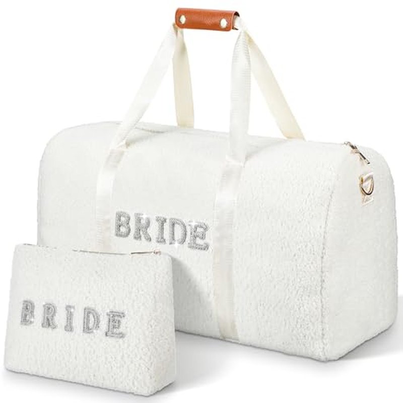 2 Pcs Bride Travel Bag Bridal Shower Gifts Wool Plush Bride Weekender Bag with Shoes Compartment Shoulder Pearl Rhinestone Patch Makeup Gift for Wedding Engagement Honeymoon