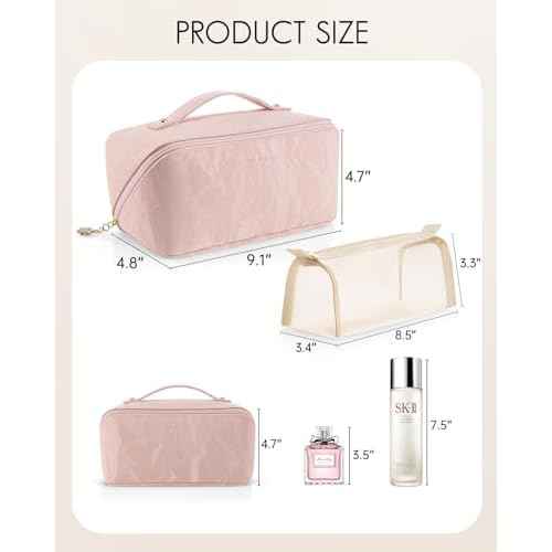 Vlando Makeup Bag,Large Capacity Toiletry Bag for Women Waterproof Portable Make up Pouch PU Leather Open Flat Cosmetic Bag(Sand Pink)