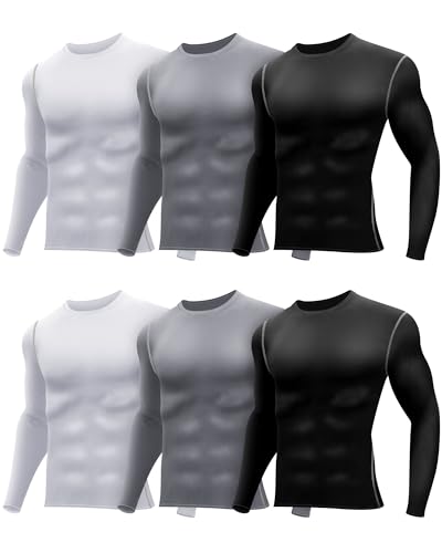 Hicarer 6 Pack Men's Athletic Compression Shirts Long Sleeve Workout Running Undershirt Thermal Sport Base Layer Top(X Large,White, Black and Gray Line, Gray)