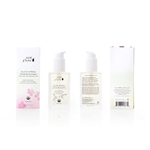 100% PURE Tea Tree & Willow Clarifying Astringent, Natural Acne Treatment, Alcohol Free, Hydrating Toner - 4 Fl Oz