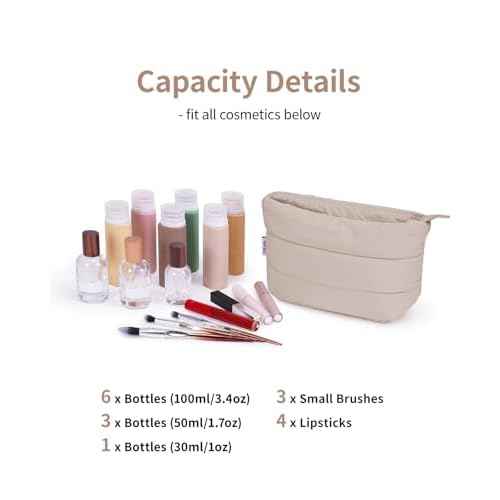 Narwey Small Makeup Bag for Travel Women Girl, Puffer Cosmetic Bag Makeup Pouch for Purse with Zipper, Cute Puffy Make Up Organizer Bags, Travel Toiletry Bag Toiletries (Khaki)
