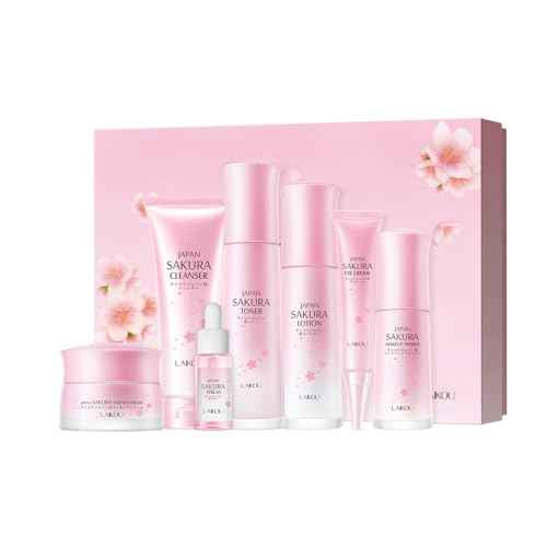 Skin Care Set JAPAN SAKURA Beauty Gift Sets Skin Care Kit with Cleanser, Toner, Lotion, Serum, Eye Cream, Face Cream, Make up Primer Travel Kit for Women Wife Mom 7pcs