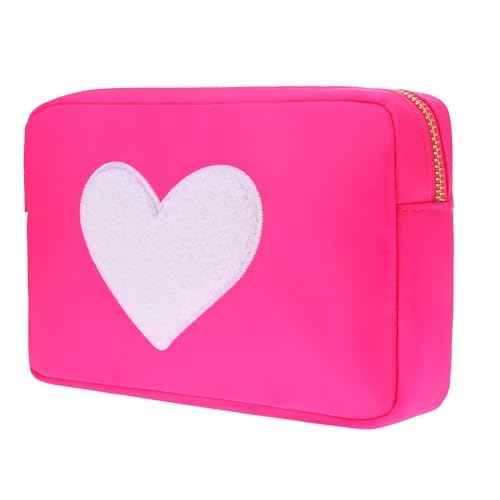 BLOC Bags Travel Makeup Bag, Cosmetic Bags for Women, Medium Cute Toiletry Bag, Make up Bag, Beauty Bag with Chenille Patch and Top Zipper, Inside Zipper Pouch and Mesh Pockets (White Heart, Hot Pink)