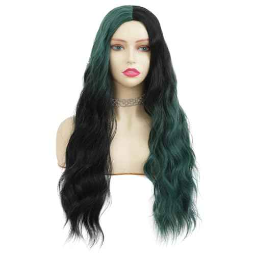 Green and Black Wigs for Women Long Curly Wavy Wigs Synthetic Natural Hair Wigs for Halloween Cosplay Us