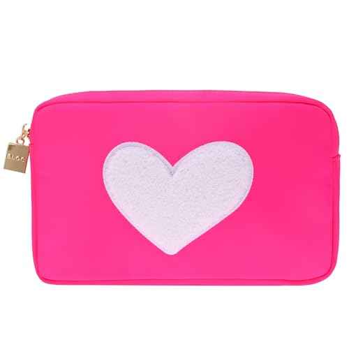 BLOC Bags Travel Makeup Bag, Cosmetic Bags for Women, Medium Cute Toiletry Bag, Make up Bag, Beauty Bag with Chenille Patch and Top Zipper, Inside Zipper Pouch and Mesh Pockets (White Heart, Hot Pink)