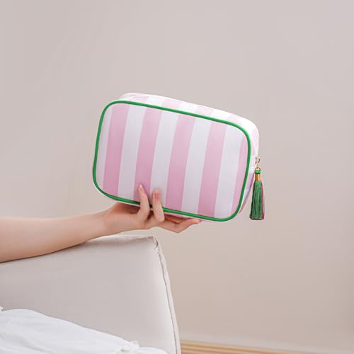 Large Stripe Canvas Zipper Makeup Bag,Aesthetic Tassel Travel Cosmetic Bag,Coquette Toiletry Bag, Girls Handbags Purses,Accessories Storage Bag for Women Girls (Pink)