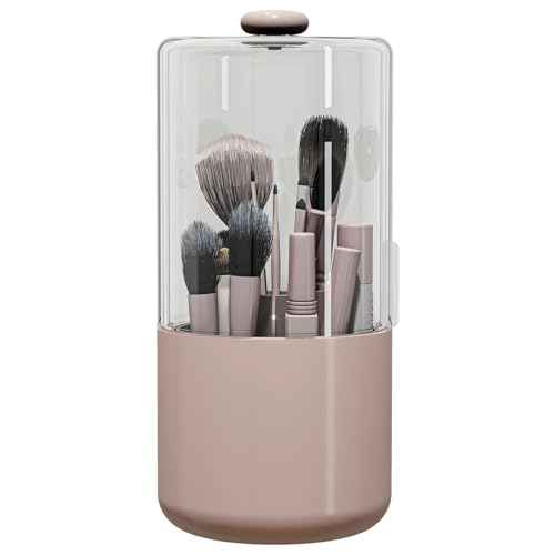 Makeup Brush Holder with Dustproof Cover, Clear 360 Rotating Make Up Brushes Organizer for Counter Vanity Bathroom, Pink