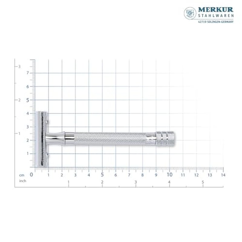MERKUR 5005 Travel Shaving Set featuring MERKUR 23C Three-piece Safety Razor with Long Handle & Bright Chrome Finish, 10 Double Edge Blades & Black Leather Case | Made In Germany