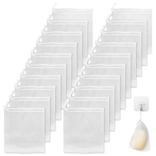 40 PCS Soap Saver Bag, Exfoliating Mesh Soap Saver Pouch Bags, Bubble Mesh Net Bags with Drawstring, Easy to Store, for Shower, Face Cleansing, White