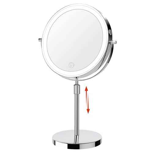 HIEEY Lighted Makeup Mirror with Magnification, 1x/10x Rechargeable 8" Lighted Mirror, 360¡Æ Rotation Touch Screen Vanity Mirror, Three Color Lighting Modes, Height Adjustable (Gift Box)