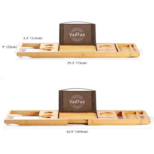 VaeFae Bamboo Bathtub Caddy Tray, Expandable Bath Tray for Tub with Upgraded Wine Slots and Book Holder - Ideal for One or Two Person Use