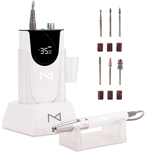 M Max - Nail Drill Professional - 2-in-1 Brushless Motor Nails Drill Machine - Electric, Cordless, Aluminium Alloy Casing, 35000 RPM, HD Display - Perfect for Salon & Home Use (White)
