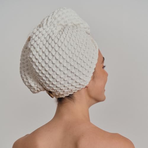 100% Organic Cotton Hair Drying Waffle Towel Wrap for Women | Absorbent & Quick Dry Head Turban for Wet Hair in Shower Sauna Spa, Extra Large for Long Straight Curly Plopping Button (White, 2 PACK)