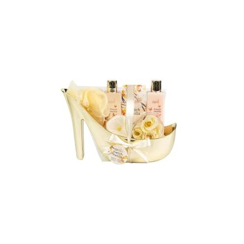 Freida & Joe Elegant 9-Piece Bath Set in High Heel Shoe ? Luxurious Spa Gift Basket for Women, Includes Shower Gel, Body Lotion, Bath Salts, Soap Flowers, Bath Fizzer & Sponge (French Vanilla)