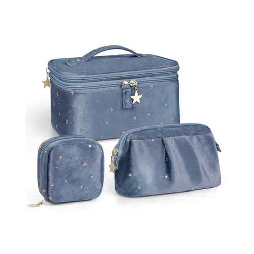 Wedama Makeup Bag Gift for Women, Double-layer Cosmetic Bag with Jewelry Storage and Brush Holder 3 Pcs Velvet Makeup Organizer Bag Gift Set Travel Toiletry Bag for Women Girls, Blue
