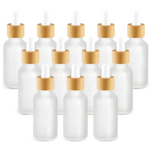 12 Pcs Frosted Glass Dropper Bottle Refillable Essential Oil Container Jars with Eye Dropper & Bamboo Lids for Perfume Sample Cosmetic Liquid Travel - 30ml/1oz