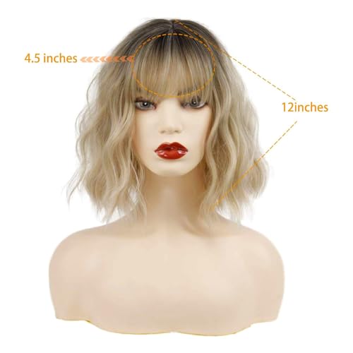 MISSQUEEN Ombre Short Blonde Wigs with Bangs Synthetic Wavy Blond Bob Wig Curly Heat Resistant Blonde Hair Wig for Women Daily Party Halloween Use