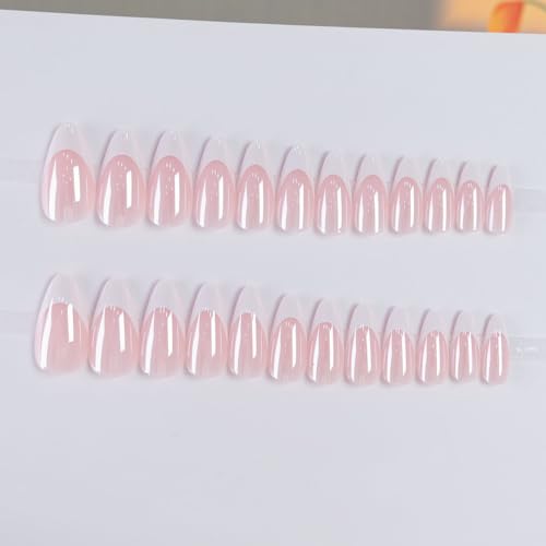 French Tip Press on Nails Almond Fake Nails Press ons with Designs Chrome False Nails Medium Glossy Full Cover Glue on Nails French Acrylic Stick on Nails for Women Nail Manicure Decoration 24Pcs