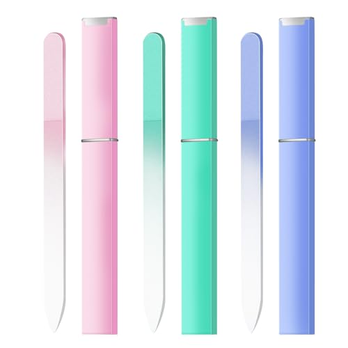 Glass Nail Files Double Side Polish Crystal Fingernail File with Case Manicure Salon Nail Care for Women Girls Pink Green Blue, 240 Grit, 3 Pack