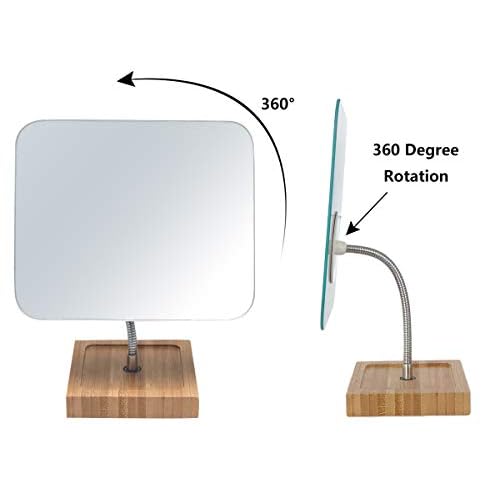 YEAKE Flexible Gooseneck Bamboo Vanity Makeup Mirror,360¡ÆRotation 8" Large Frameless, Folding Portable Table Desk Mirror with Stand for Bathroom Shaving Make Up, Rectangle