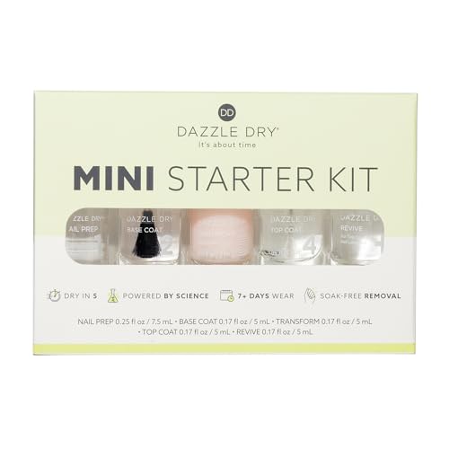 Dazzle Dry Complete Starter Mini Kit | Step 1 - Nail Prep, Step 2 - Base Coat, Step 4 - Top Coat, Transform - Ridge Filler & Revive - Polish & Top Coat Thinner.