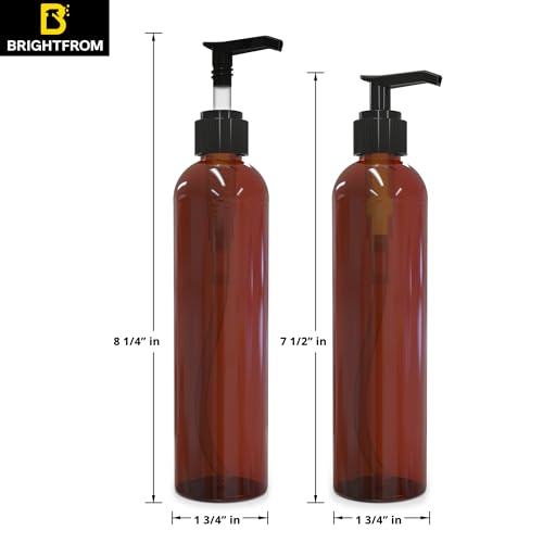 BRIGHTFROM Lotion Pump Bottles, Empty 8 OZ, BPA-Free Refillable Plastic Containers, Amber with Black Dispenser for - Soap, Shampoo, Lotions, Liquid Body Soap, Creams and Massage Oil (2 Pack)
