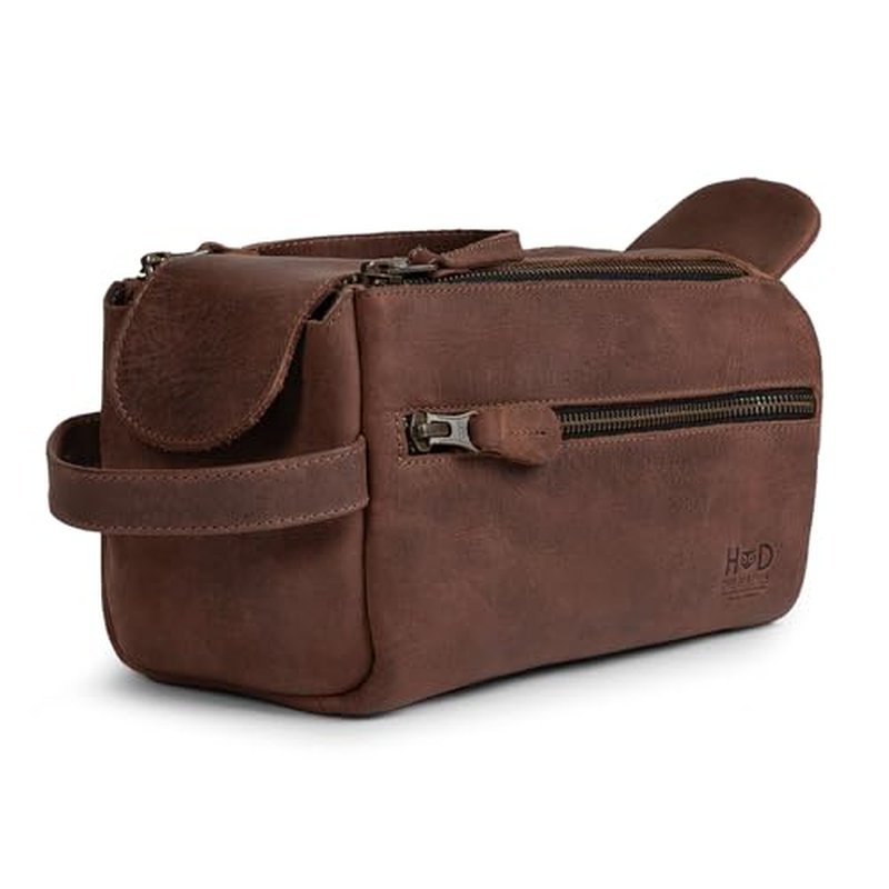 Hide & Drink, Toiletry Bag w/Handles, Hygiene Organizer, Travel Dopp, Razor Case, Bathroom, Shaving, Cosmetic Storage, Travel & Grooming Essentials, Full Grain Leather, Handmade, Bourbon Brown